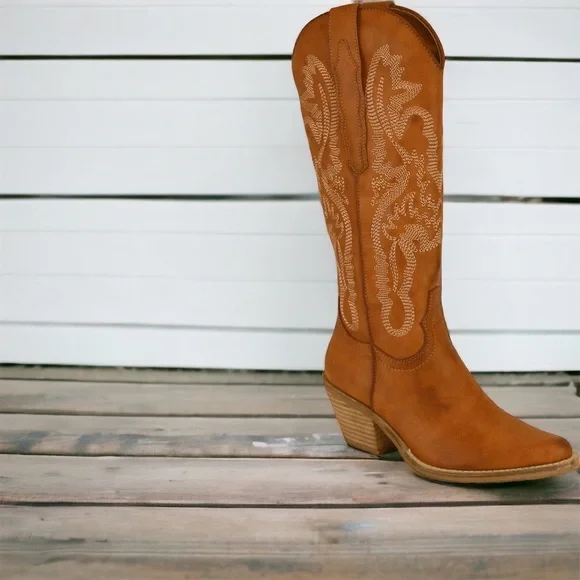 Size 11 Beast Fashion Camel Faux Suede Embroidered Tall Western Cowboy Boot - Picture 3 of 6